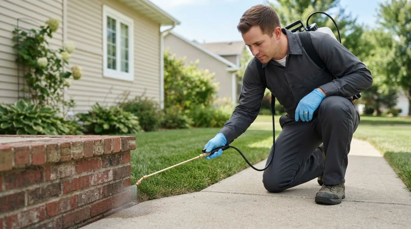 Pest control technician treating a home near Virgilina, VA